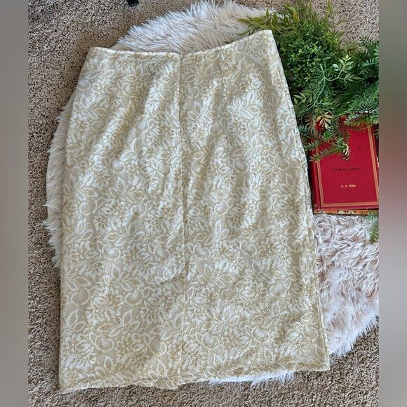 Liz Claiborne Career Off White Metallic Gold Lace Overlay Pencil Skirt 8 Holiday - Picture 3 of 6